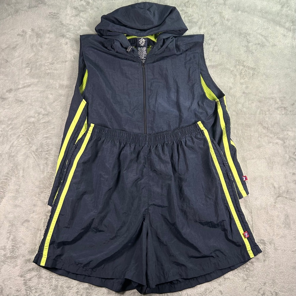 Just My Size Navy Neon Yellow Nylon Tracksuit Vest and Shorts Set Womens 18W 20W